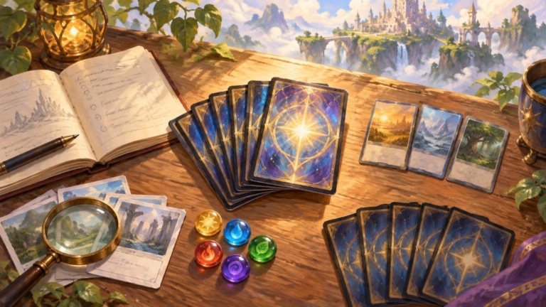 Oil-painted fantasy deckbuilding table with a fan of blue-and-gold cards, three landscape cards, an open notebook, magnifying glass, colored mana-like tokens, and a floating castle beyond the window.
