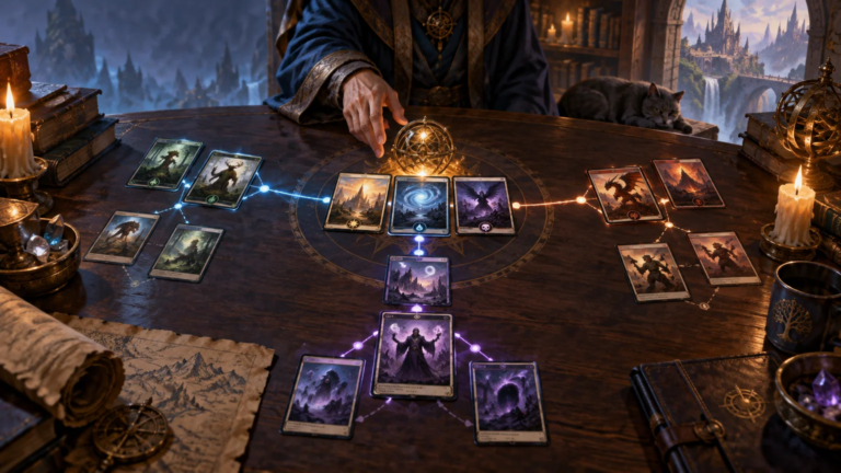 A robed fantasy player points over a candlelit wooden table where illustrated cards are arranged in three glowing, branching combo networks around a golden armillary sphere.
