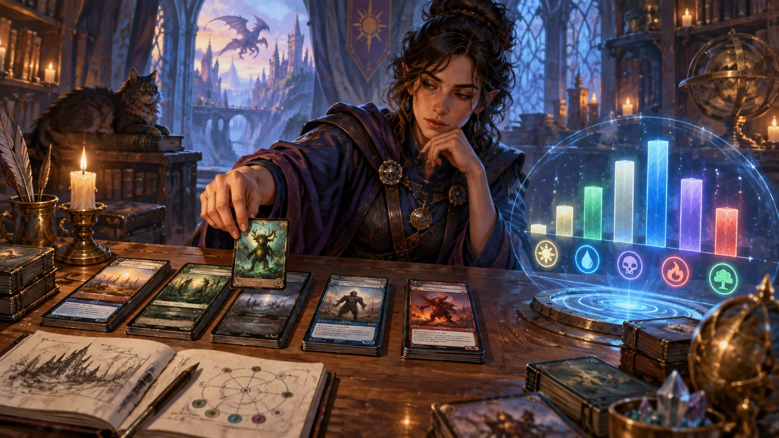 Fantasy scholar sorts stacks of illustrated cards on a candlelit library table while a glowing multicolored bar chart rises beside her; a cat, books, a dragon silhouette, and magical instruments fill the background.