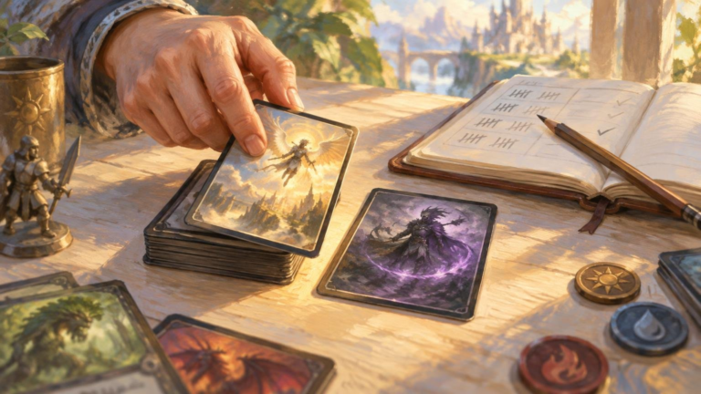 Oil-painted scene of a hand drawing a fantasy illustrated card from a deck beside an open notebook filled with tally marks and check marks, a pencil, and round elemental-looking tokens on a sunlit table.