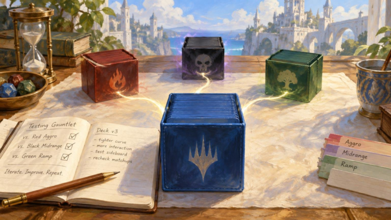 Oil-style illustration of four colored card-deck boxes on a sunlit table, with an open testing notebook, dice, hourglass, and labeled dividers against a bright fantasy city backdrop.