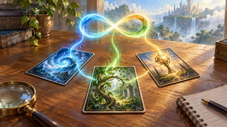 Painterly fantasy scene of three illustrated trading-card-like cards on a sunlit wooden desk, linked by glowing blue, green, and gold magic that forms an infinity symbol above them.