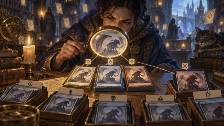 Painterly fantasy scene of a robed scholar using a magnifying glass to compare dragon-illustrated cards sorted into labeled trays on a candlelit library table, with branching lines linking several versions.