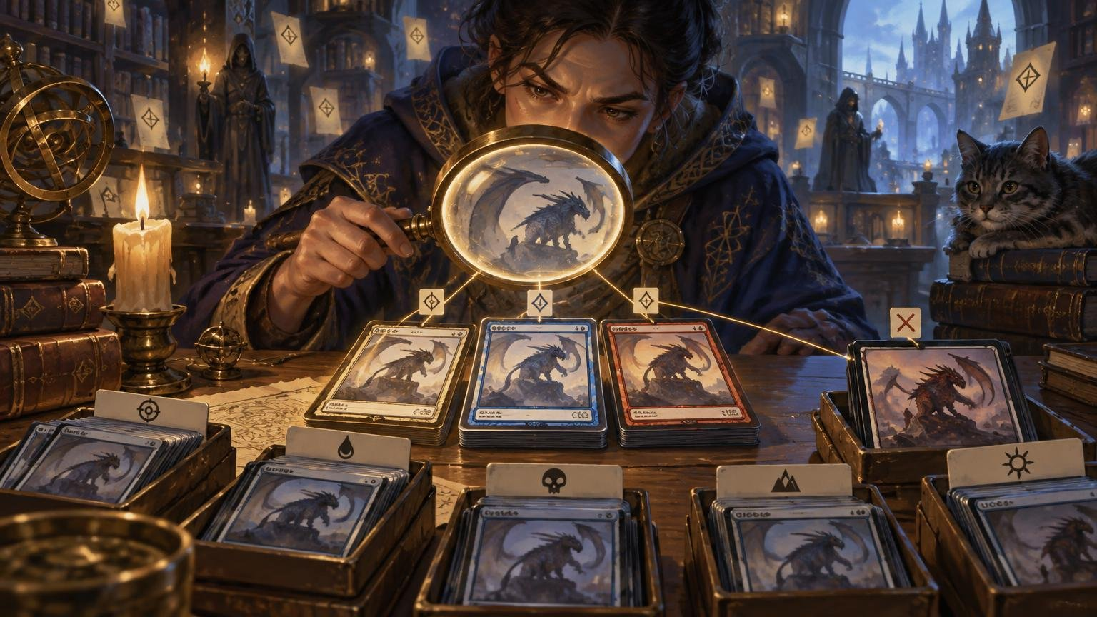 Painterly fantasy scene of a robed scholar using a magnifying glass to compare dragon-illustrated cards sorted into labeled trays on a candlelit library table, with branching lines linking several versions.