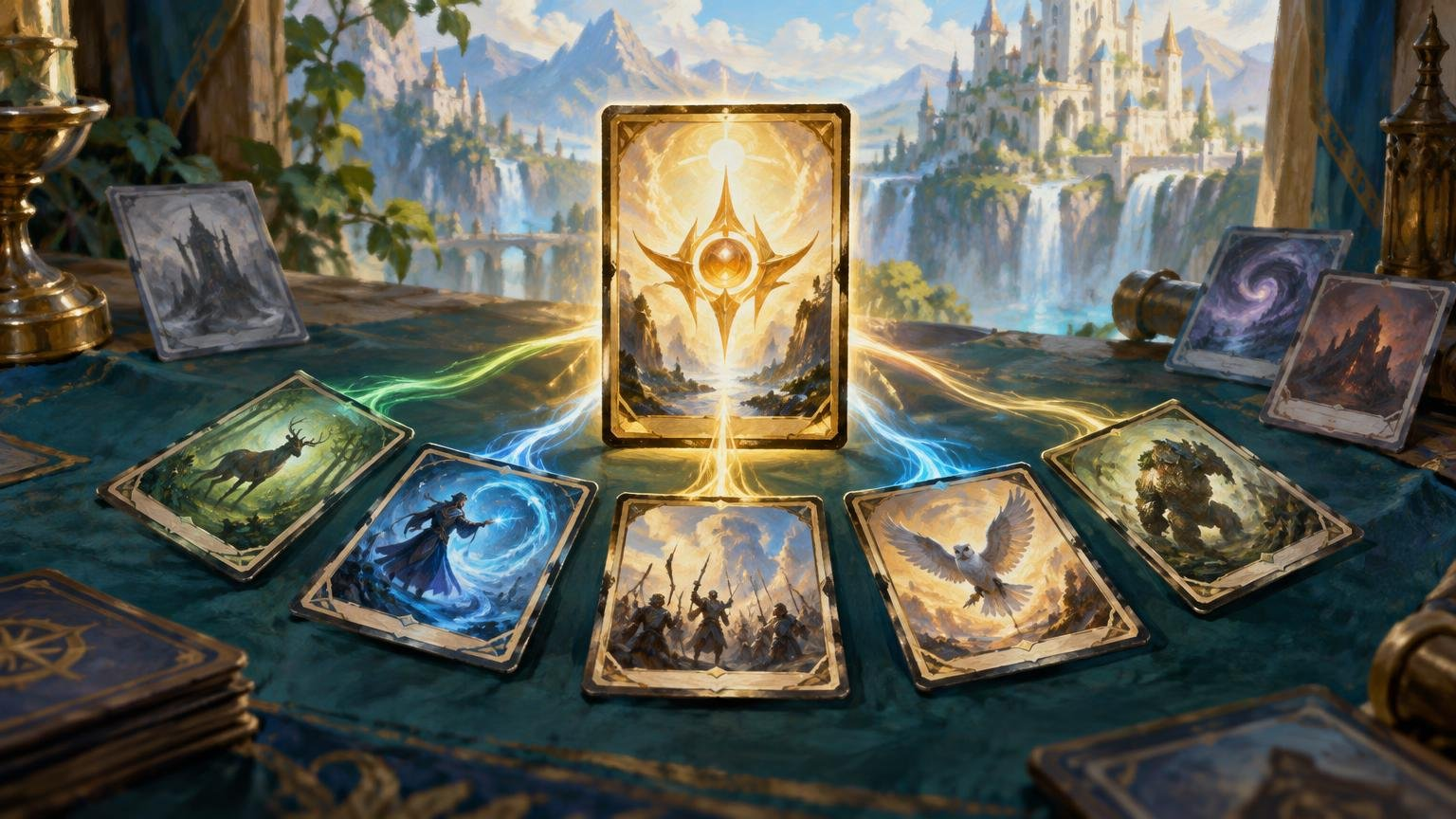 Oil-painted fantasy scene of a glowing gold card standing on a table, with six illustrated cards around it and a bright castle-and-waterfall landscape behind.