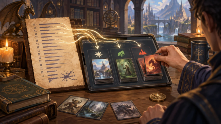 Fantasy tabletop scene showing a person sorting illustrated card stacks on a tablet while glowing lines flow from a parchment list into three grouped columns; books, a candle, and a dragon statue surround the workspace.