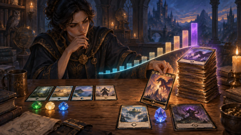 Painterly fantasy scene of a robed player studying a tall stack of illustrated cards beside a glowing ascending bar chart, with individual cards, colored crystals, candles, and a castle landscape on the table.