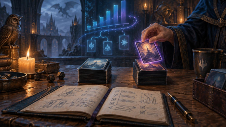 Fantasy tabletop scene with a robed player moving a glowing illustrated card between two decks beside an open checklist journal, while floating chart bars and branching card icons visualize deck-change tracking.