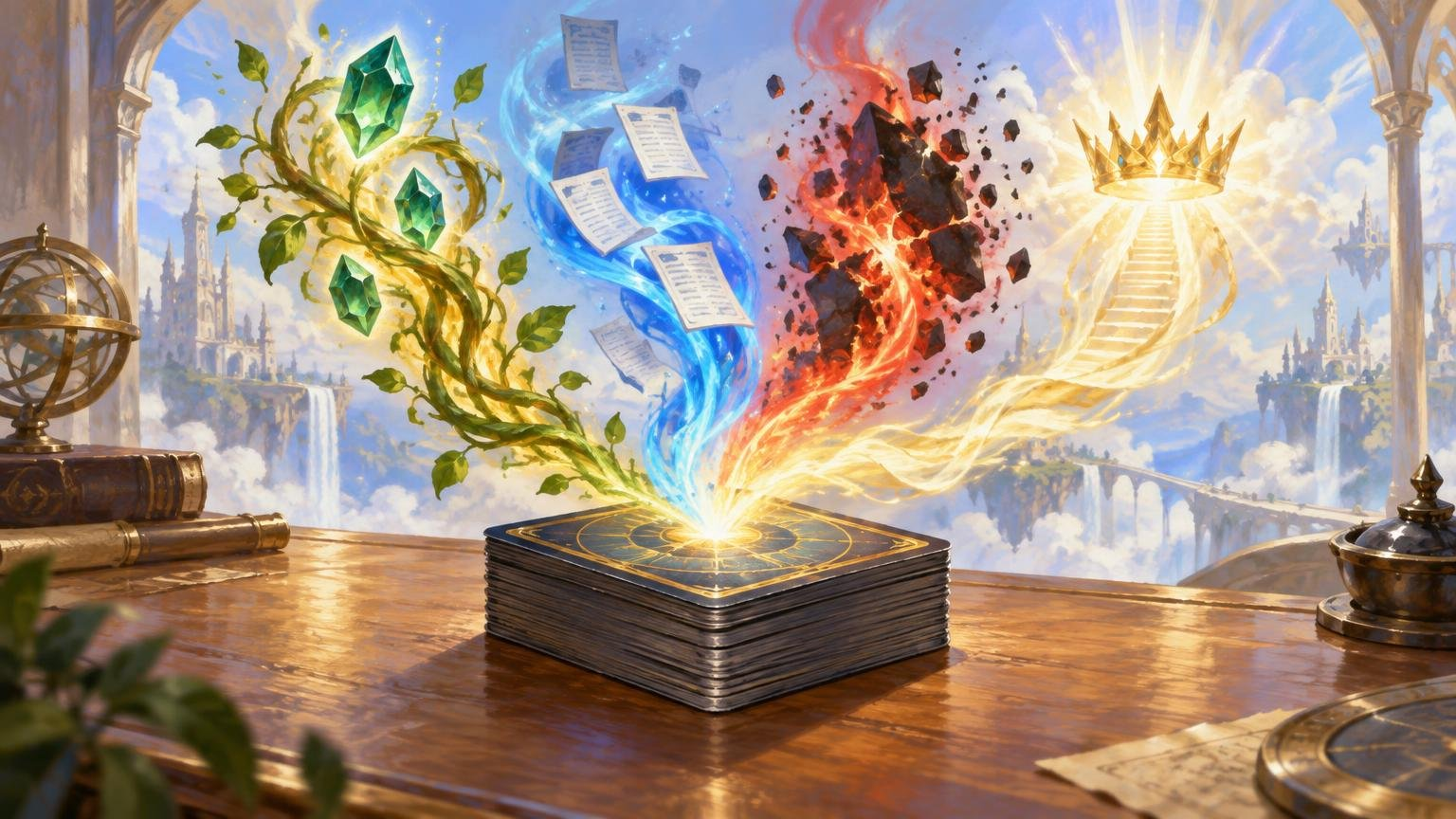 Oil-painted fantasy scene of a stacked deck of dark cards on a wooden table, emitting four colorful streams toward green crystals, floating papers, fiery rocks, and a glowing crown.