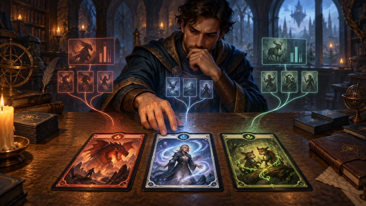 Painterly fantasy scene of a thoughtful robed man choosing among three illustrated cards on a wooden table, with glowing branching card groups and bar-chart-like symbols floating above in a candlelit library.
