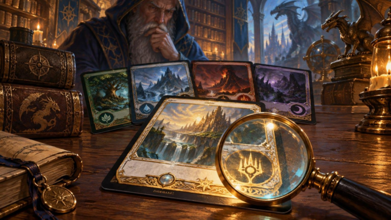 Painterly fantasy scene of a hooded wizard studying several ornate trading cards on a wooden desk, with a magnifying glass over a large card, candles, books, and dragon figurines.