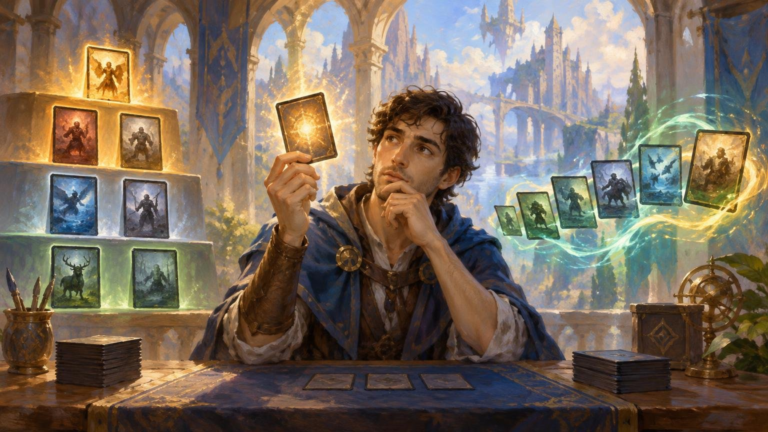 Oil-painted fantasy scene of a thoughtful man holding a glowing card at a table, with stacked cards arranged like a tier list on one side and a swirling spread of cards on the other.