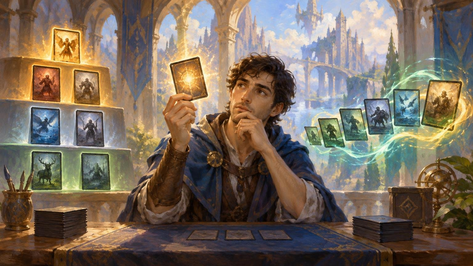 Oil-painted fantasy scene of a thoughtful man holding a glowing card at a table, with stacked cards arranged like a tier list on one side and a swirling spread of cards on the other.