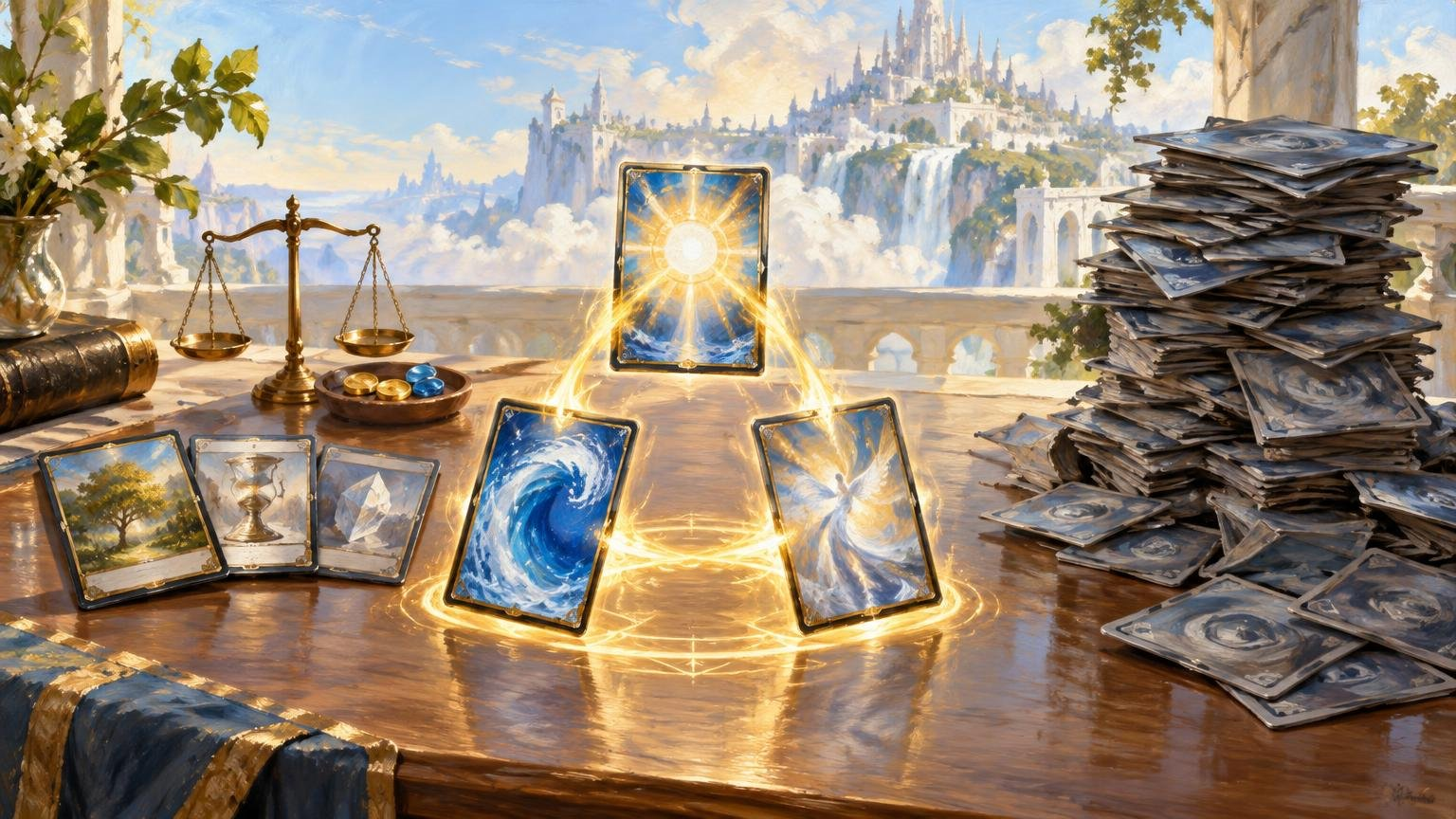 Oil-style fantasy scene of five glowing illustrated cards linked by golden magical lines on a table, beside a tall, unruly stack of cards and a balance scale, with a bright floating city behind them.