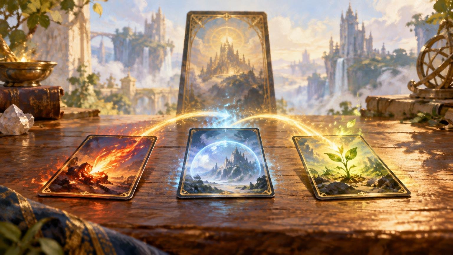 Oil-painted fantasy scene of three glowing illustrated cards on a sunlit stone table, linked by arcs of magical light, with a large upright card and a distant castle landscape behind them.