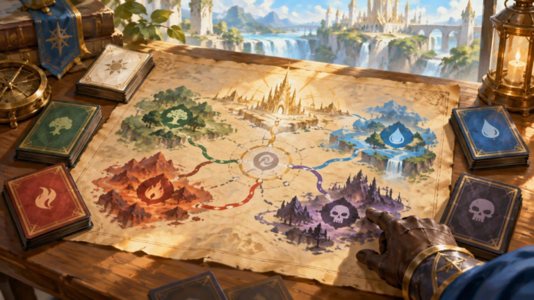Oil-painted tabletop scene of a fantasy map divided into five colored regions, surrounded by stacks of symbol-marked cards, a lantern, books, and a gloved hand pointing toward a purple region.