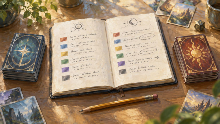 Oil-painted tabletop scene with an open handwritten notebook marked by colored swatches, flanked by two stacks of fantasy-style cards, a pencil, loose illustrated cards, a die, and sunlit leaves.