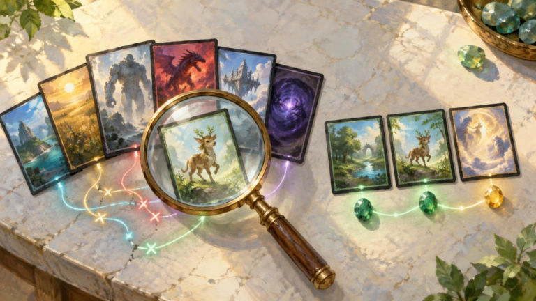 Oil-painted tabletop scene of fantasy trading cards, a magnifying glass highlighting a creature card, colored paths with X marks, and scattered gems.