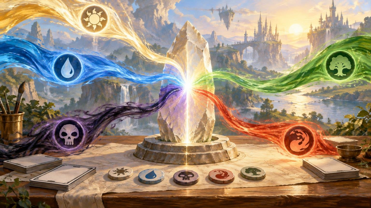 Oil-painted fantasy scene of five colored streams with mana-like symbols converging on a glowing crystal above a tabletop scattered with blank cards and matching round tokens.