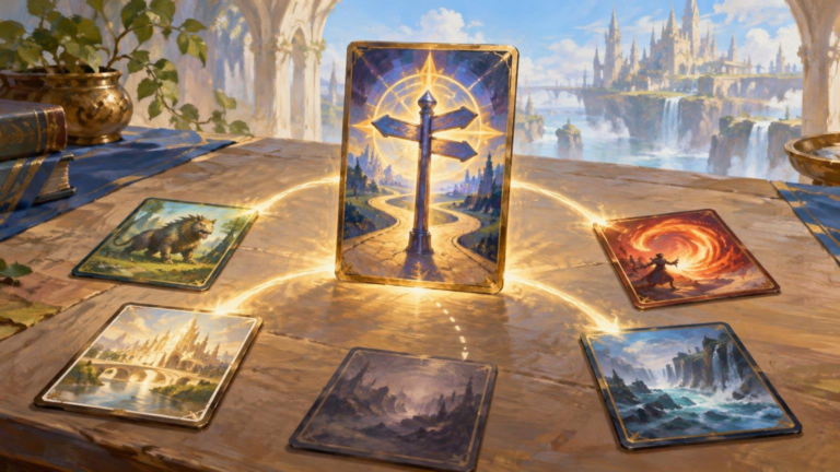 Oil-painted fantasy scene of a glowing central card with a signpost pointing along branching roads, surrounded by five illustrated cards on a sunlit table overlooking a distant castle city.