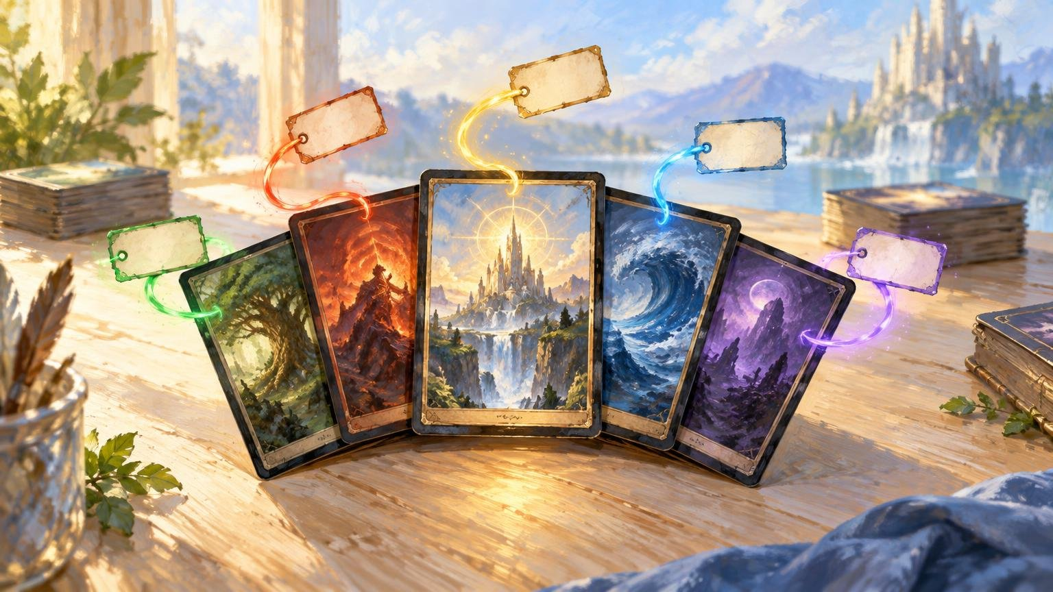Oil-painted fantasy scene of five fanned illustrated cards on a sunlit table, each linked by a colored glowing trail to a blank parchment tag above it.