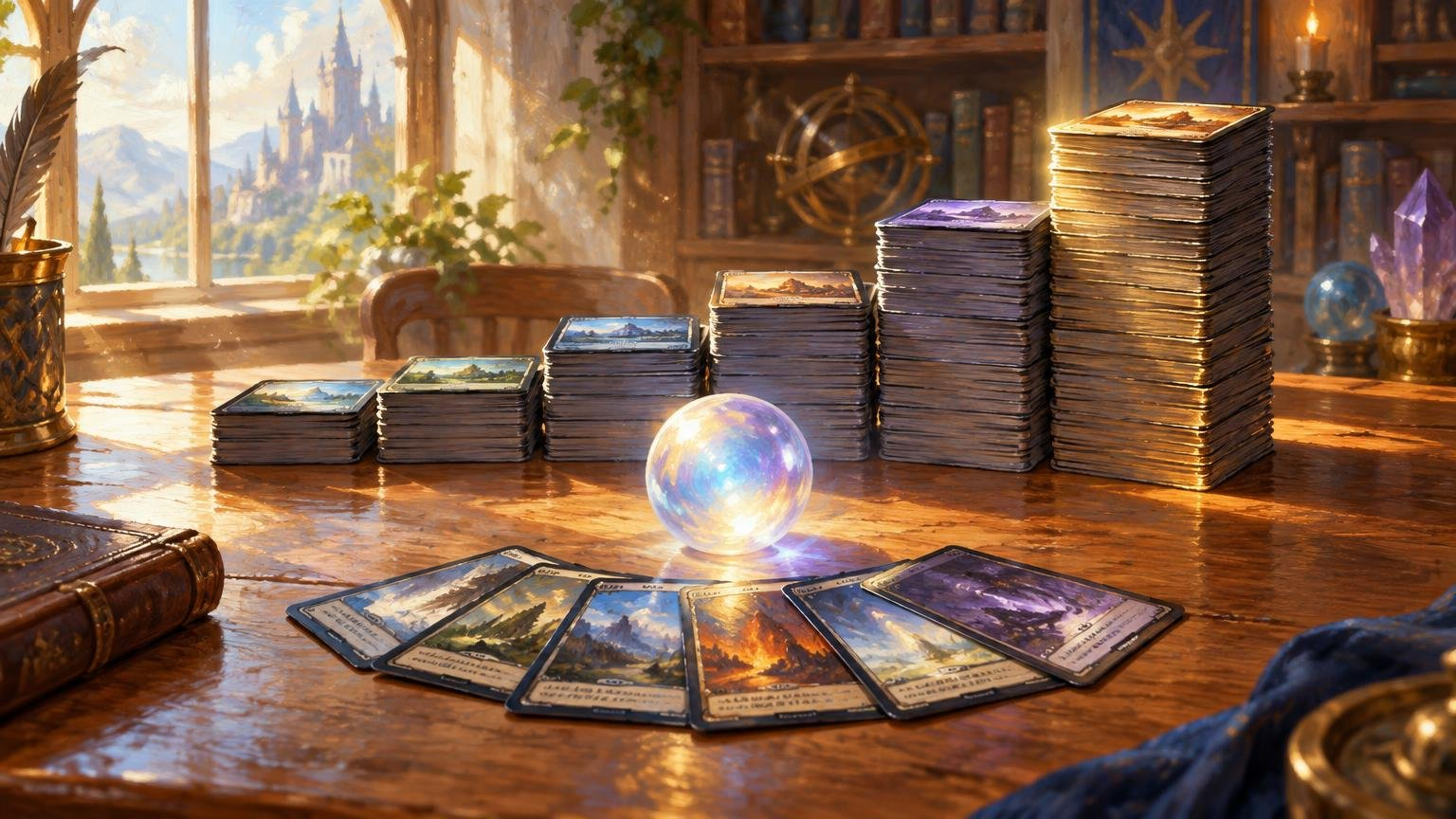 Oil-painted fantasy study with five stacks of illustrated cards rising in height across a sunlit wooden table, with a glowing iridescent orb and several cards fanned in the foreground.