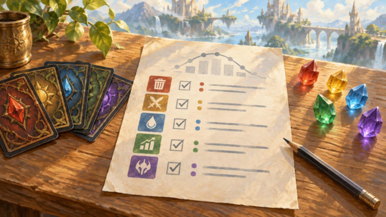 Oil-painted fantasy tabletop with a checklist sheet, five ornate colored cards, matching gemstones, a pencil, and a bright floating-castle landscape beyond.