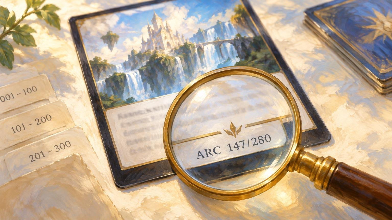 Oil-painted scene of a fantasy trading card under a magnifying glass highlighting the text “ARC 147/280,” with numbered paper tabs and a stack of cards nearby.